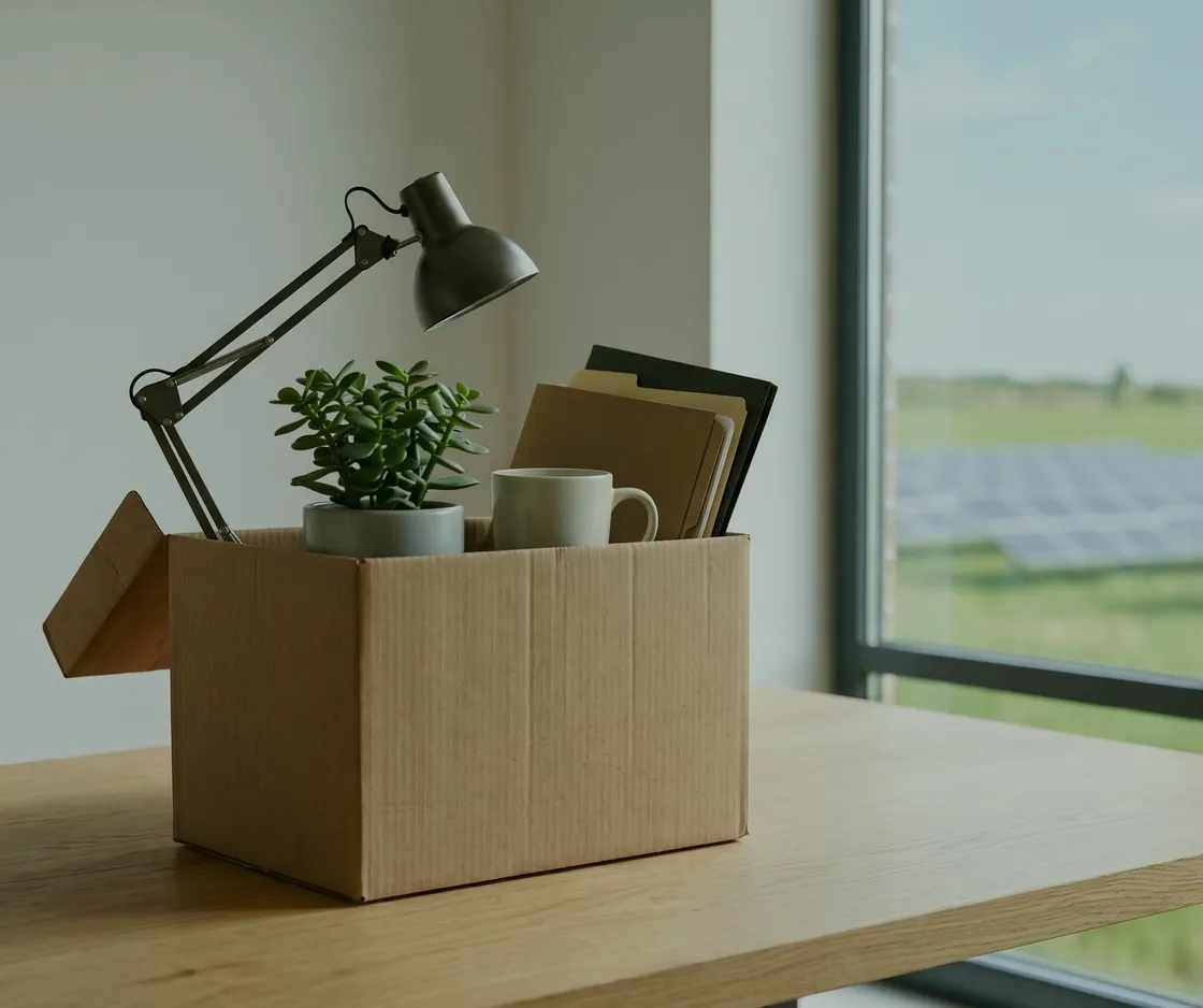 Abfindung und Solar-Investment: Karton mit Schreibtischlampe, Pflanze, Tasse und Mappen auf einem leeren Schreibtisch am Fenster, draußen eine Solaranlage