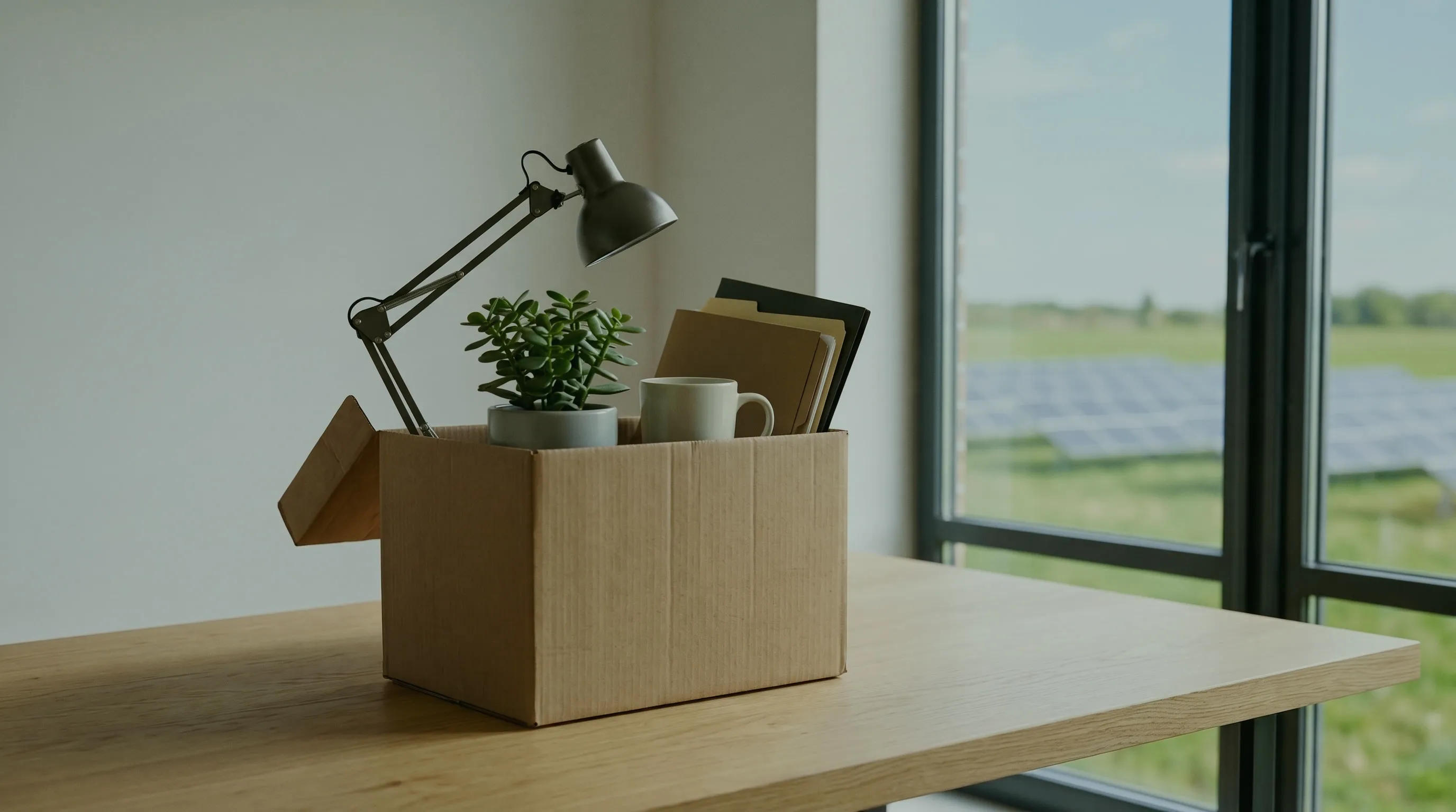 Abfindung und Solar-Investment: Karton mit Schreibtischlampe, Pflanze, Tasse und Mappen auf einem leeren Schreibtisch am Fenster, draußen eine Solaranlage