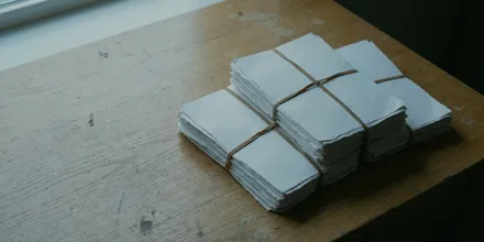 Mehrere Bündel weißer Briefumschläge, mit Gummibändern geschnürt, auf einem alten Holztisch am Fenster