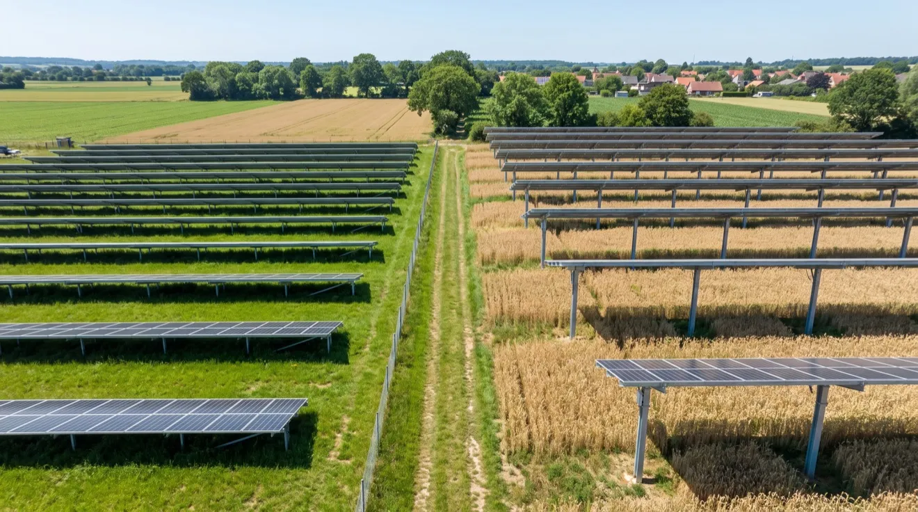 Luftbild einer Agri-PV-Anlage: Module über Grünland und über einem Getreidefeld