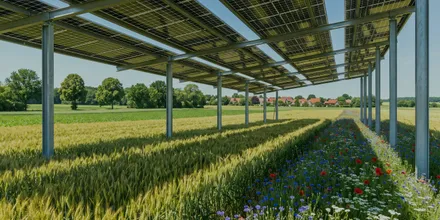 Hoch aufgeständerte Agri-PV-Anlage über einem Getreidefeld, zwischen den Modulreihen ein blühender Wildblumenstreifen