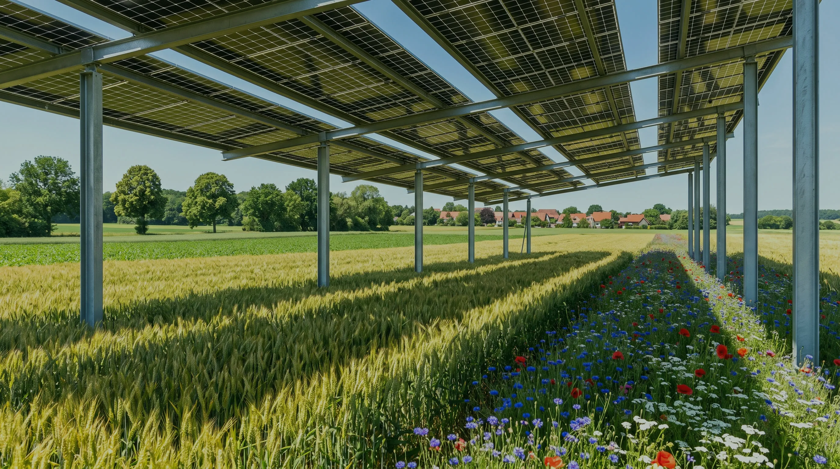Hoch aufgeständerte Agri-PV-Anlage über einem Getreidefeld, zwischen den Modulreihen ein blühender Wildblumenstreifen