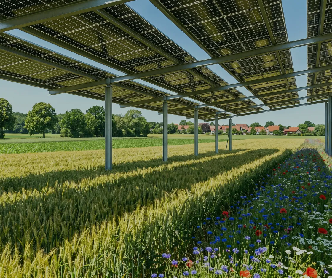 Hoch aufgeständerte Agri-PV-Anlage über einem Getreidefeld, zwischen den Modulreihen ein blühender Wildblumenstreifen