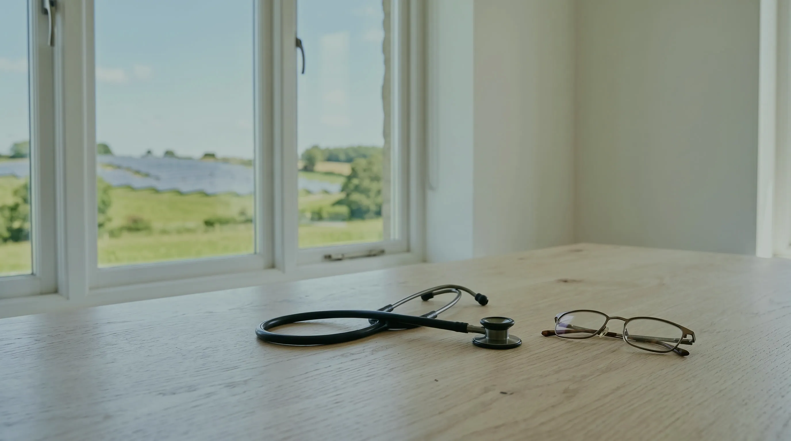 Altersvorsorge für Ärzte: Stethoskop und Lesebrille auf einem hellen Holztisch am Fenster, draußen eine Wiese mit Solaranlage