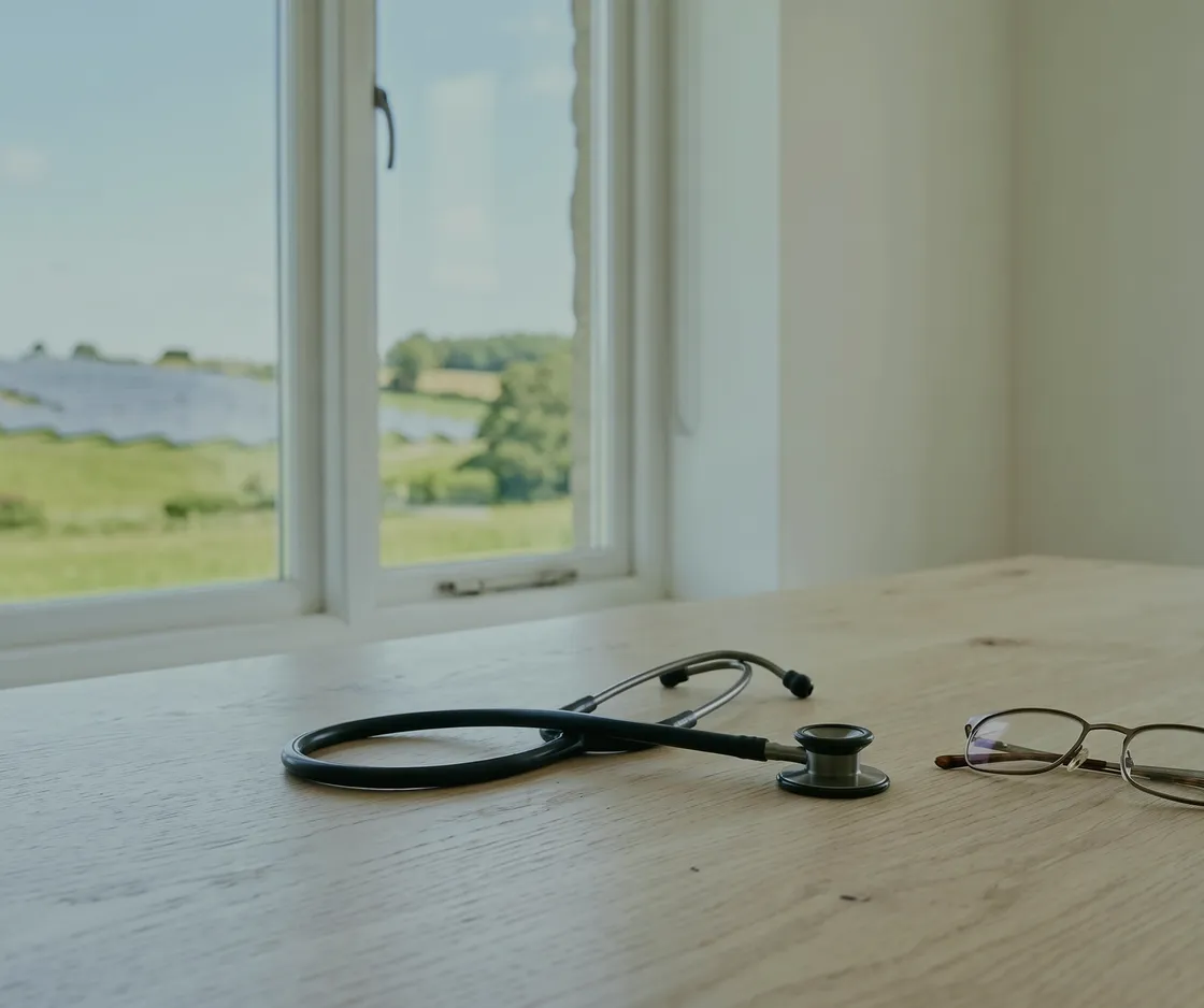 Altersvorsorge für Ärzte: Stethoskop und Lesebrille auf einem hellen Holztisch am Fenster, draußen eine Wiese mit Solaranlage