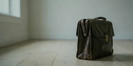 Abgenutzte Aktentasche aus braunem Leder auf dem Dielenboden eines leeren, hellen Raums