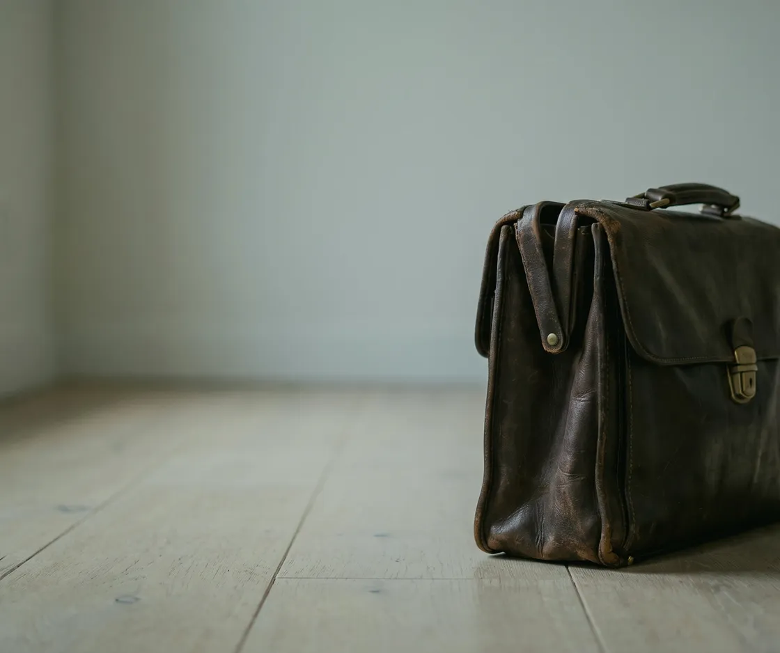 Abgenutzte Aktentasche aus braunem Leder auf dem Dielenboden eines leeren, hellen Raums