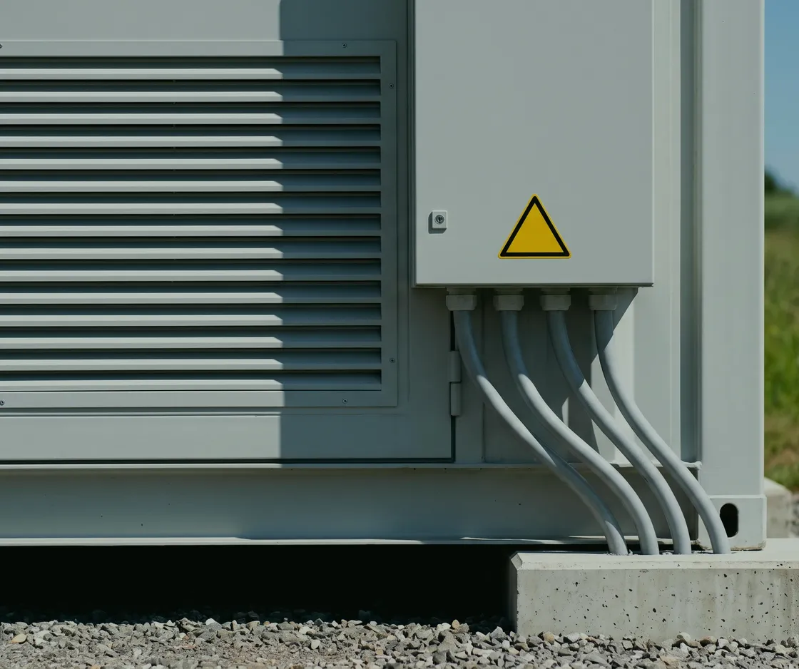 Detail eines Batteriespeicher-Containers auf Betonsockel, mit Lüftungsgitter, Warnzeichen und gebündelten Kabeln