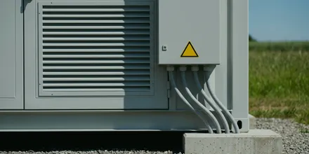 Detail eines Batteriespeicher-Containers auf Betonsockel, mit Lüftungsgitter, Warnzeichen und gebündelten Kabeln