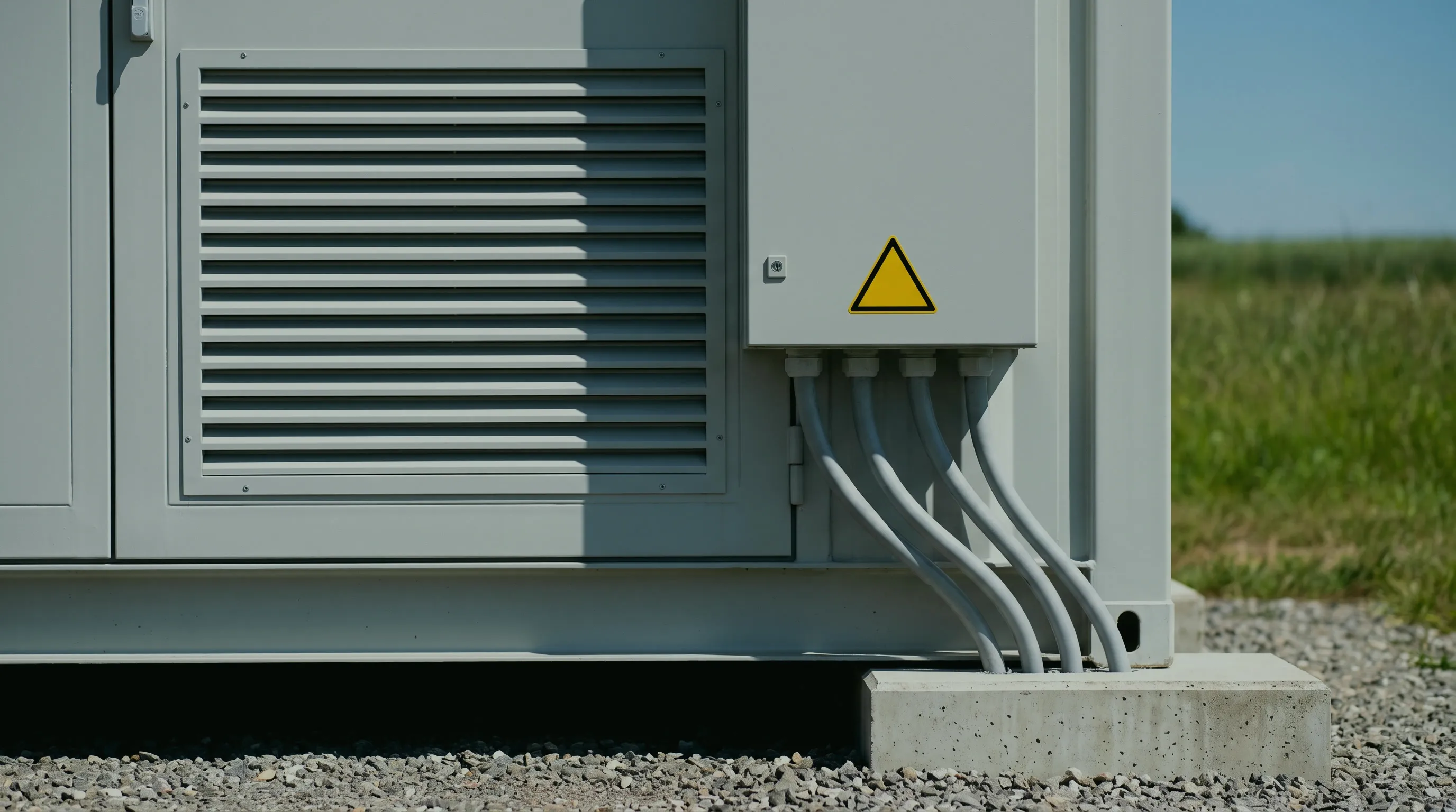 Detail eines Batteriespeicher-Containers auf Betonsockel, mit Lüftungsgitter, Warnzeichen und gebündelten Kabeln
