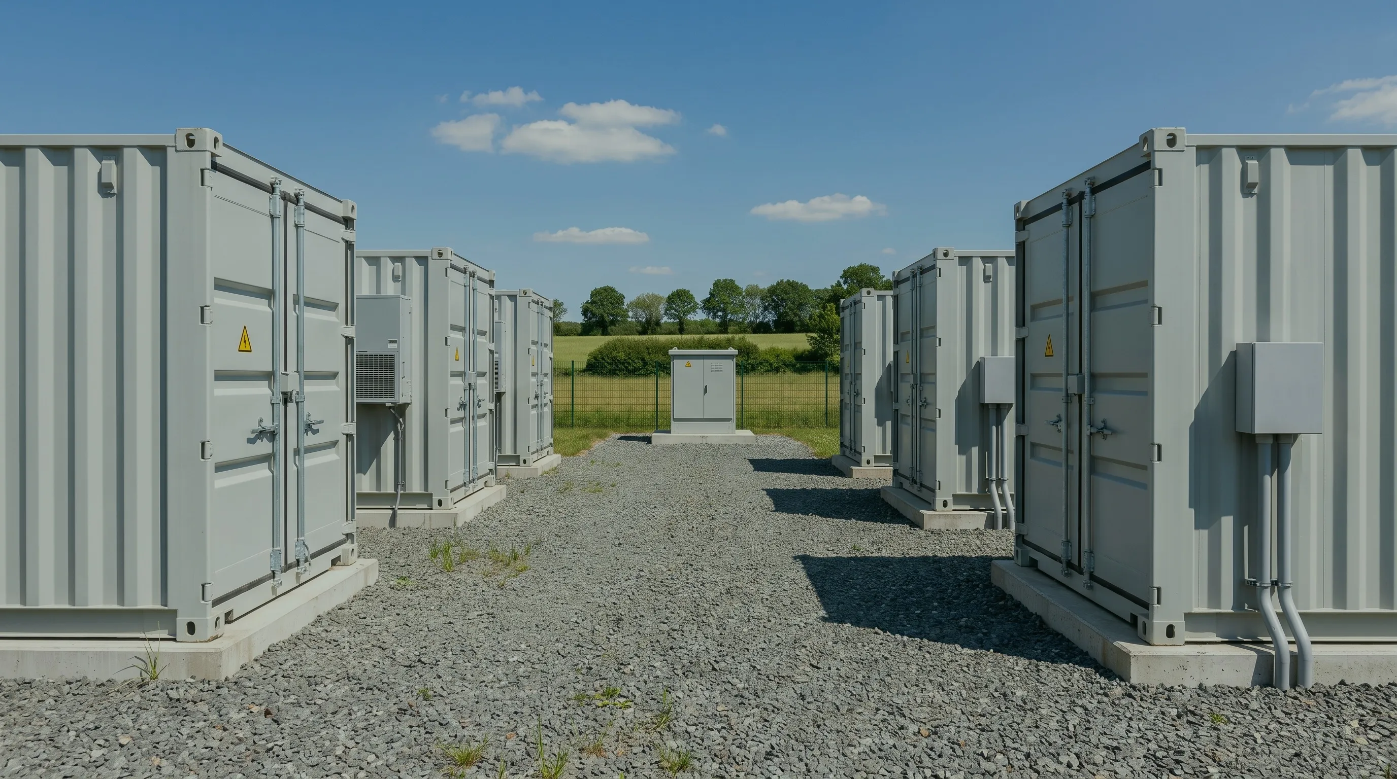 Zwei Reihen grauer Batteriespeicher-Container auf einer Schotterfläche, dazwischen ein Schaltschrank vor Zaun, Wiese und Bäumen unter blauem Himmel