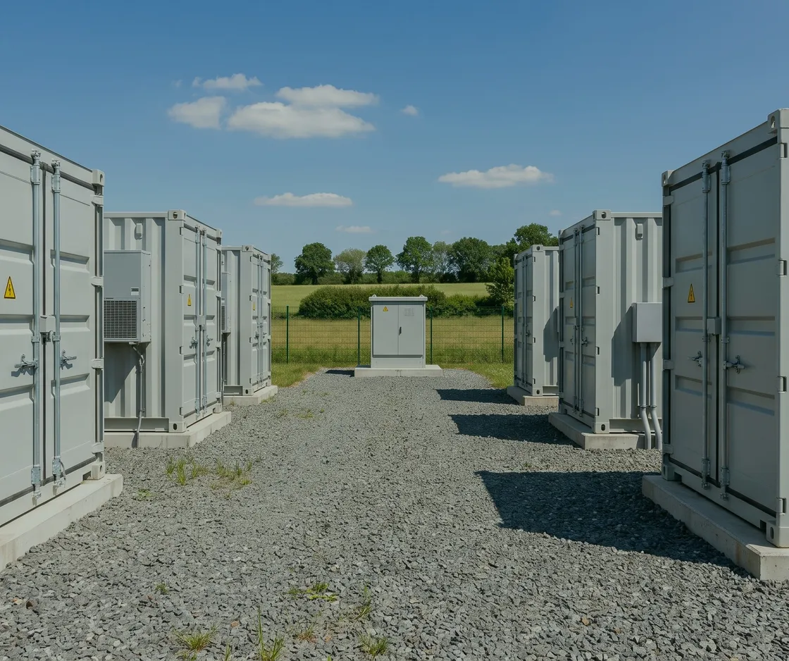Zwei Reihen grauer Batteriespeicher-Container auf einer Schotterfläche, dazwischen ein Schaltschrank vor Zaun, Wiese und Bäumen unter blauem Himmel