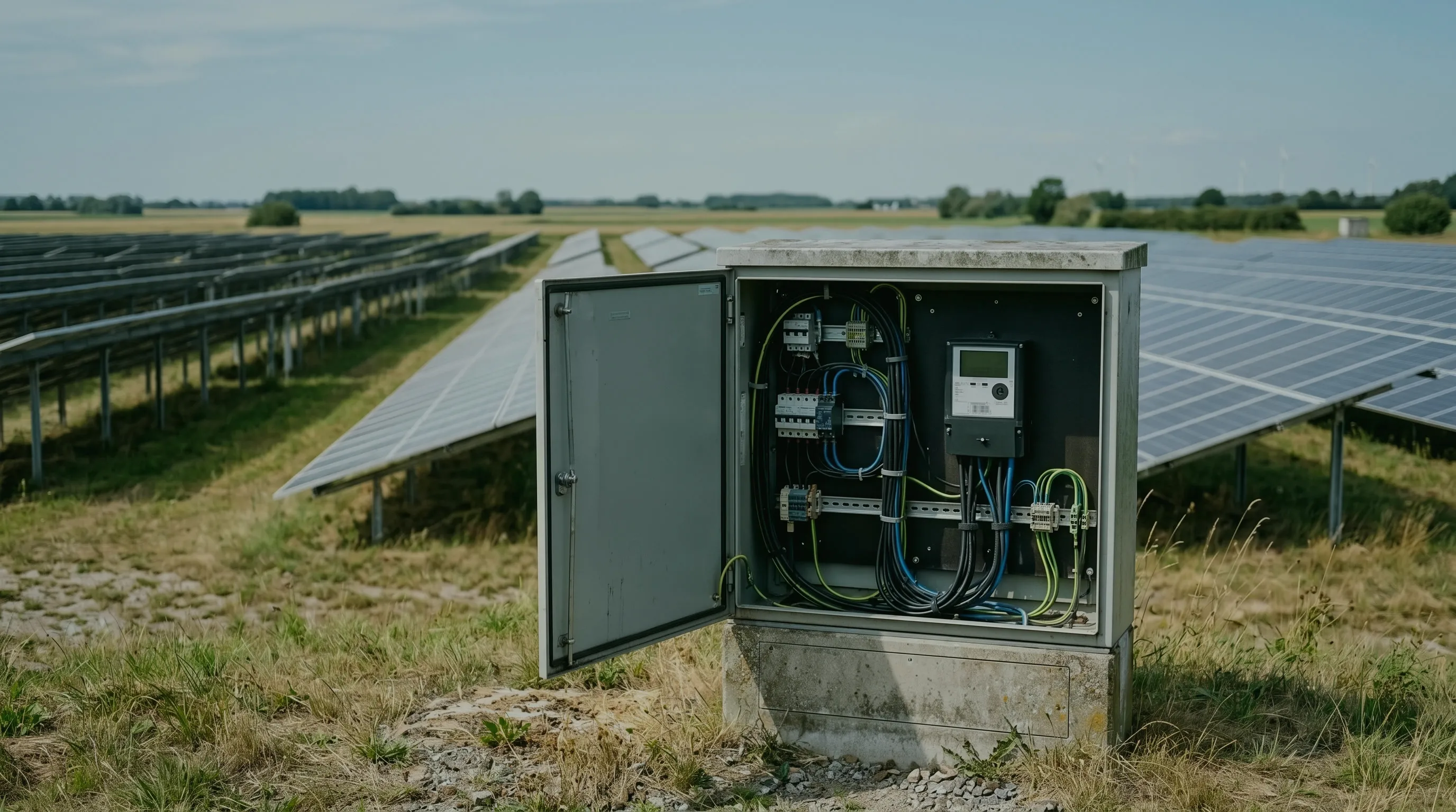 Cashflow aus dem Solarpark: geöffneter Zählerschrank mit Stromzähler und Kabeln zwischen den Modulreihen