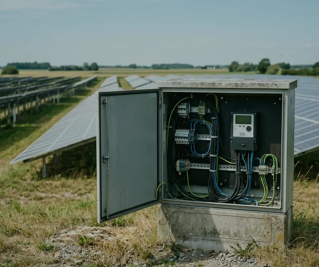 Cashflow aus dem Solarpark: geöffneter Zählerschrank mit Stromzähler und Kabeln zwischen den Modulreihen