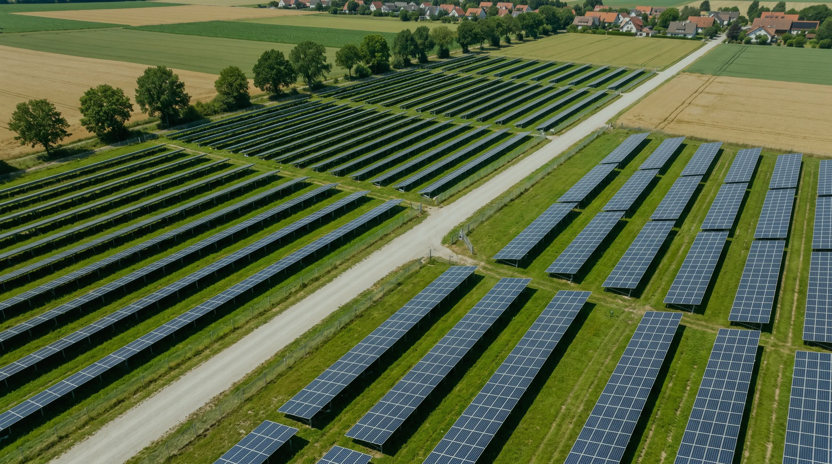 Luftbild zweier benachbarter Solarparks, getrennt durch einen Feldweg, dahinter ein Dorf