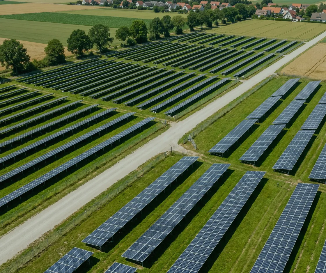 Luftbild zweier benachbarter Solarparks, getrennt durch einen Feldweg, dahinter ein Dorf