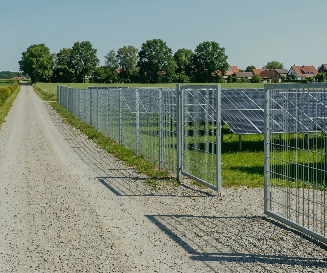 Schotterweg entlang des Zauns einer Freiflächen-Solaranlage, im Hintergrund Bäume und Wohnhäuser