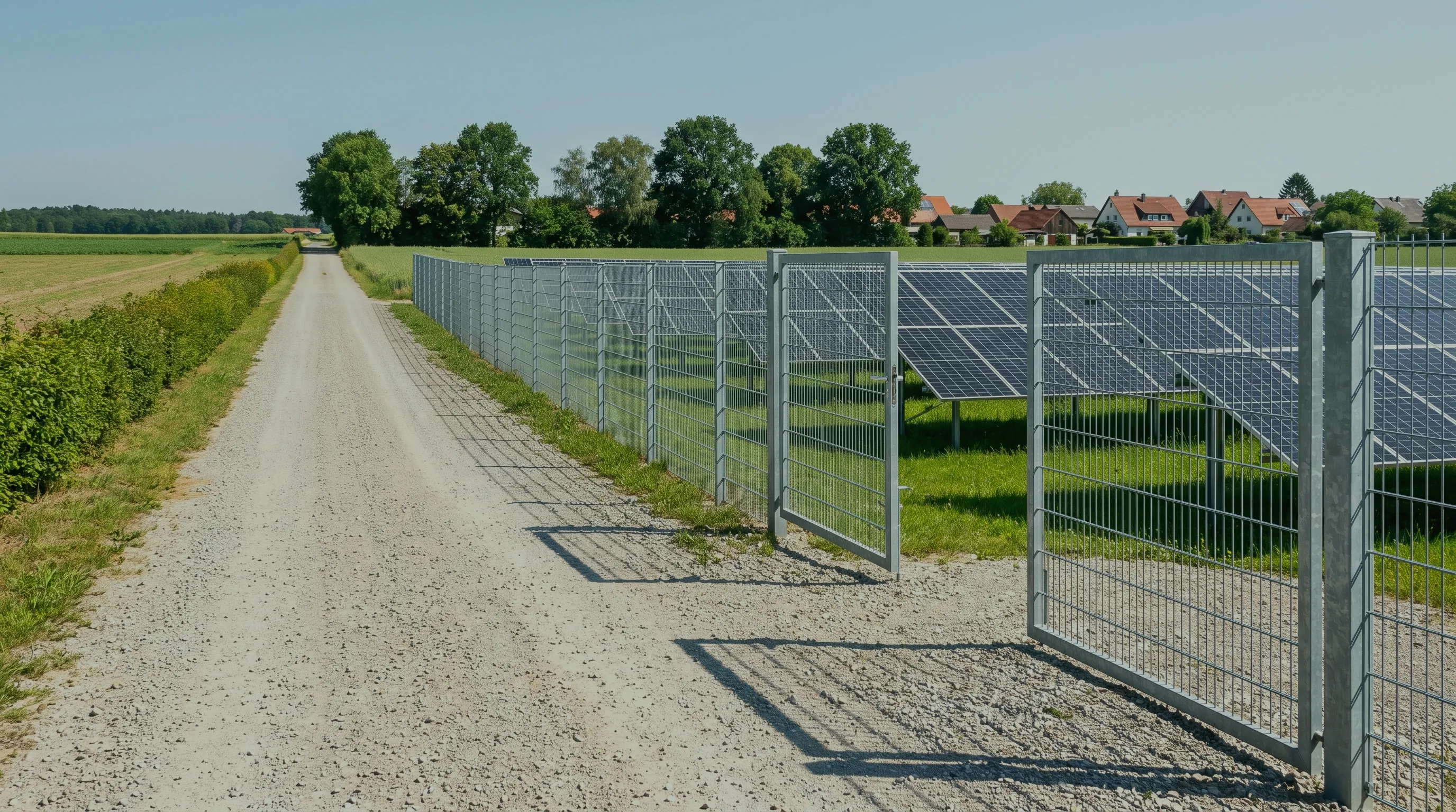 Schotterweg entlang des Zauns einer Freiflächen-Solaranlage, im Hintergrund Bäume und Wohnhäuser