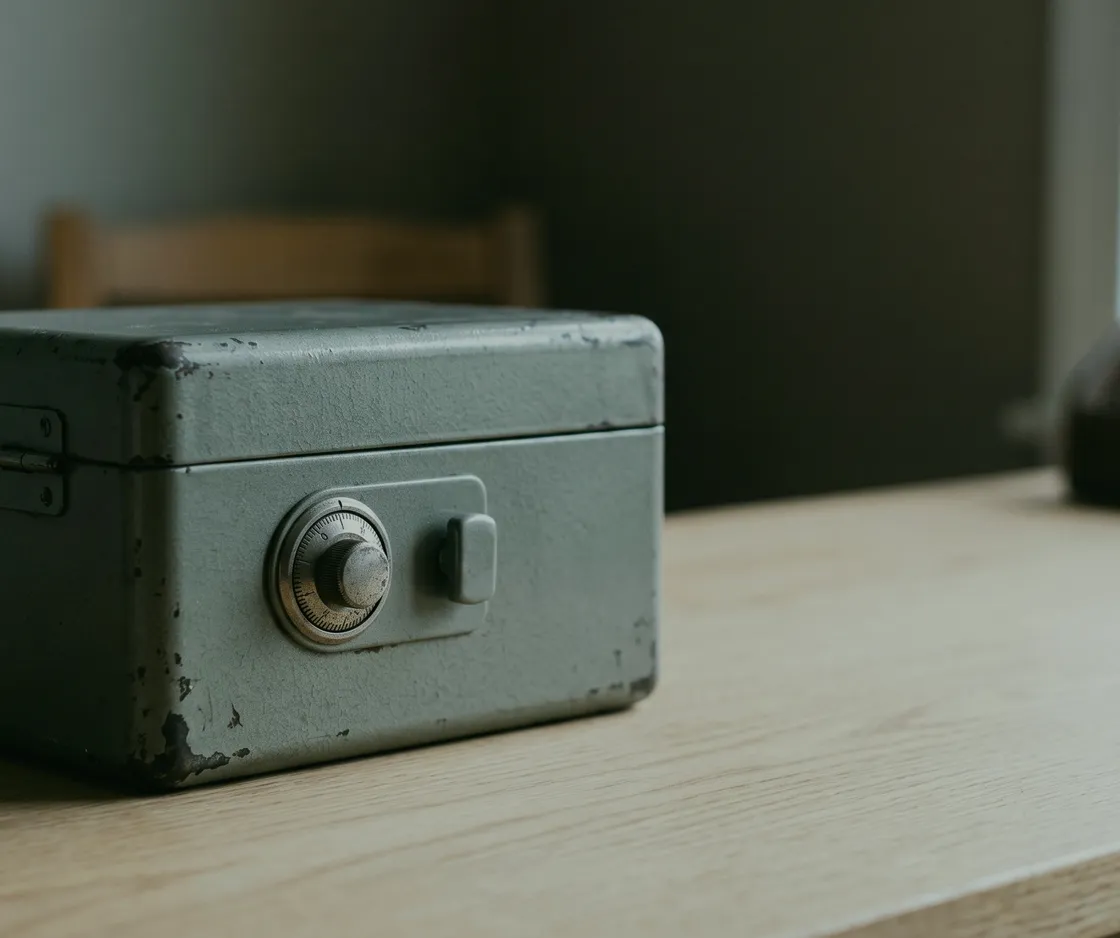Kleine graue Geldkassette mit Zahlenschloss auf einer hellen Holzplatte