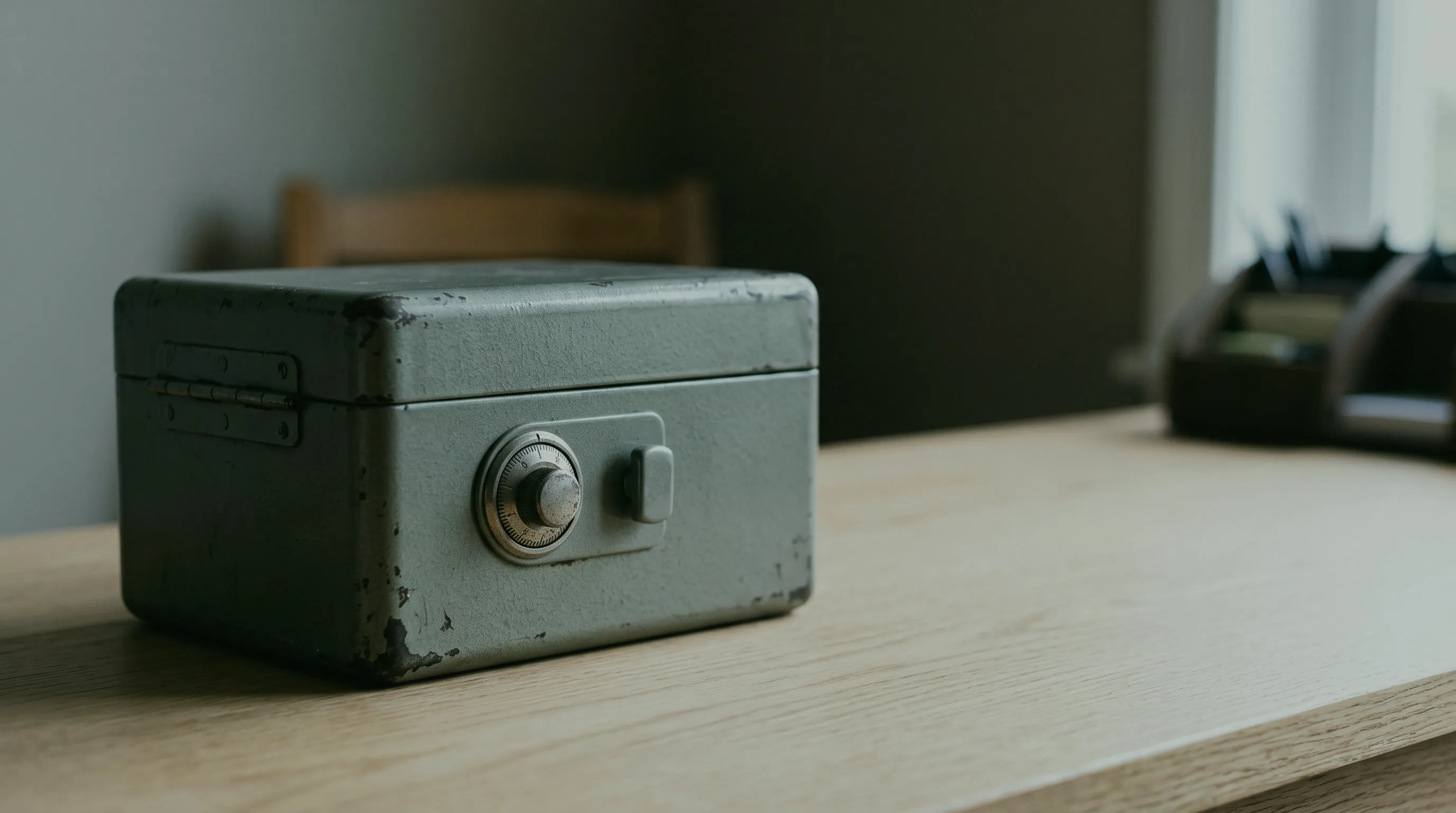 Kleine graue Geldkassette mit Zahlenschloss auf einer hellen Holzplatte