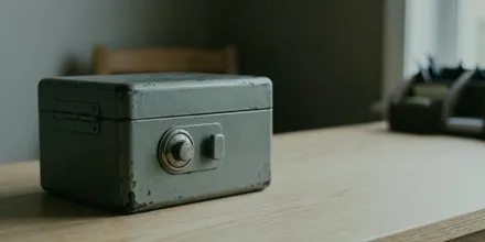 Kleine graue Geldkassette mit Zahlenschloss auf einer hellen Holzplatte