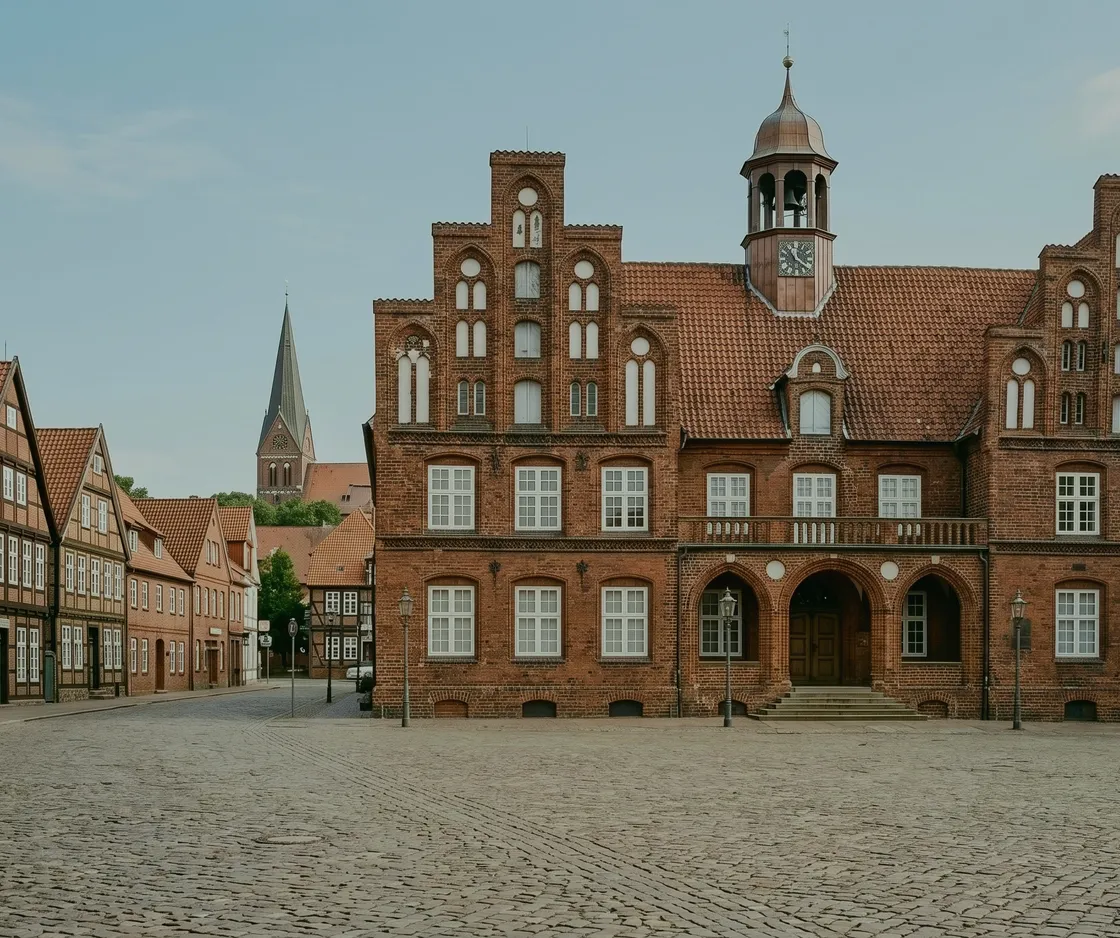 Gewerbesteuer der Gemeinde: Rathaus aus rotem Backstein mit Uhrturm an einem gepflasterten Marktplatz