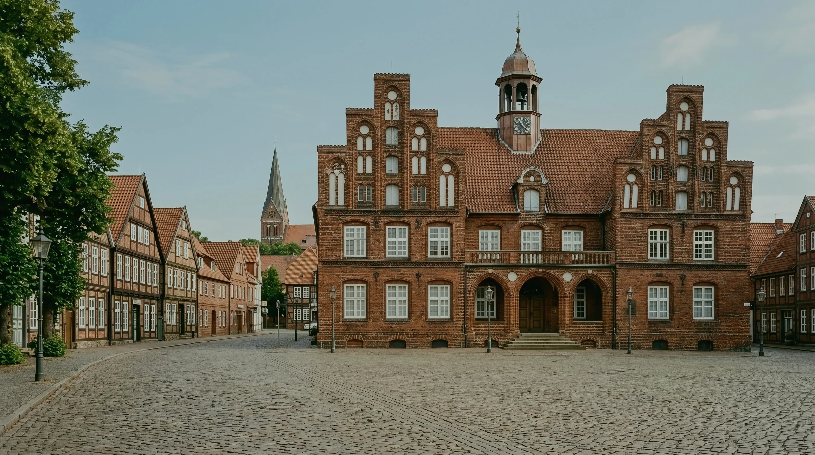 Gewerbesteuer der Gemeinde: Rathaus aus rotem Backstein mit Uhrturm an einem gepflasterten Marktplatz