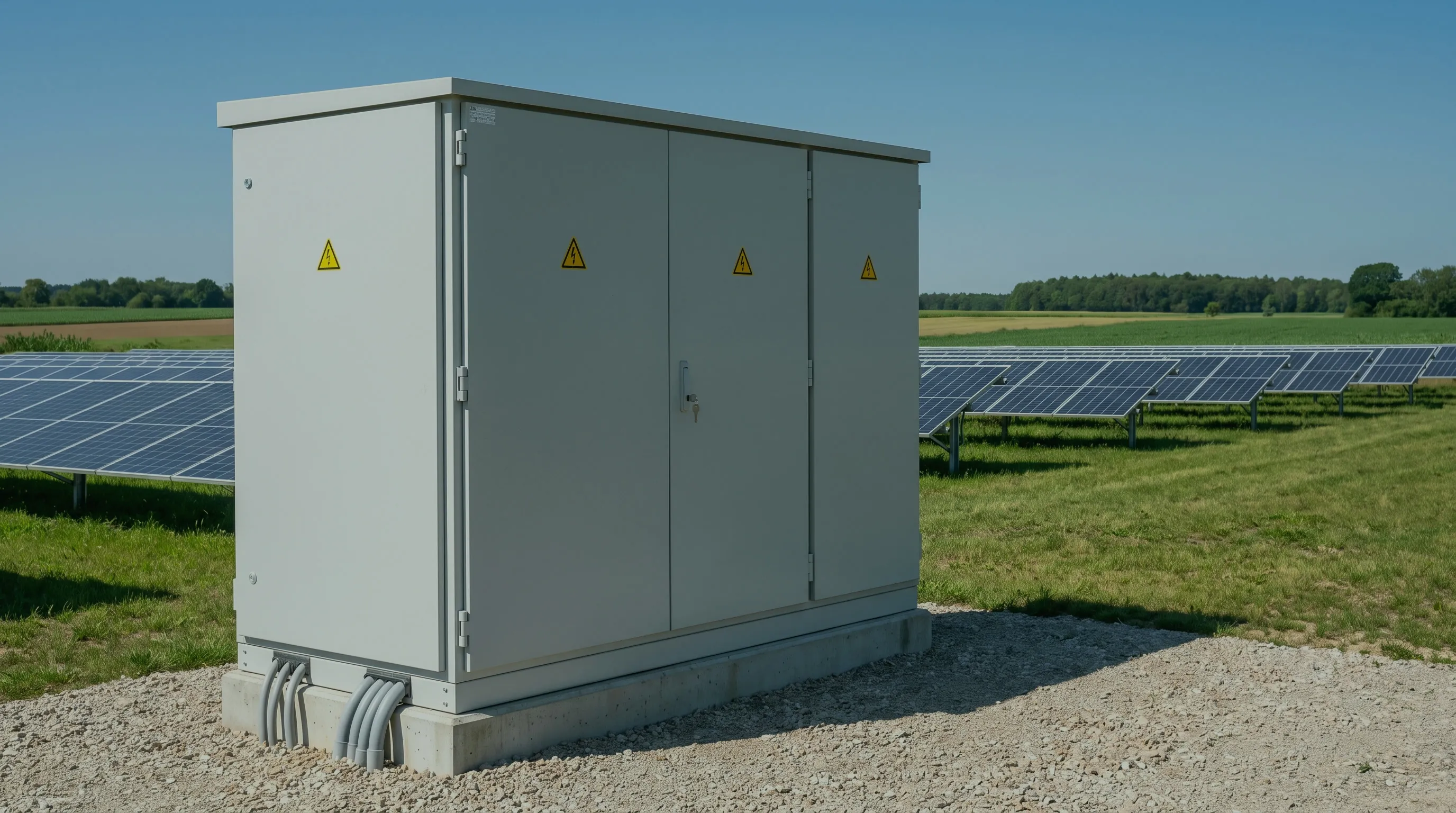 Trafostation aus mehreren Schaltschränken mit Warnzeichen auf einem Schotterbett, dahinter eine Freiflächen-Solaranlage