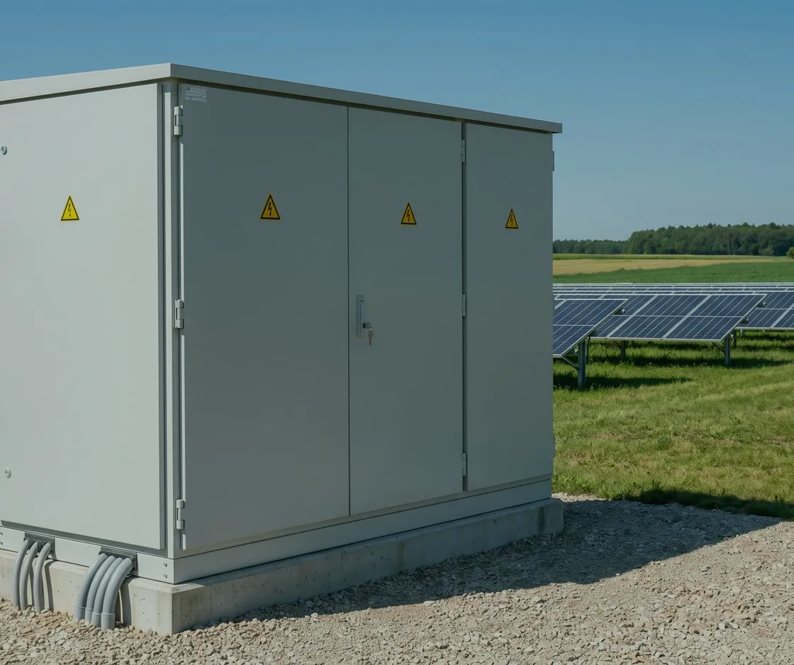 Trafostation aus mehreren Schaltschränken mit Warnzeichen auf einem Schotterbett, dahinter eine Freiflächen-Solaranlage