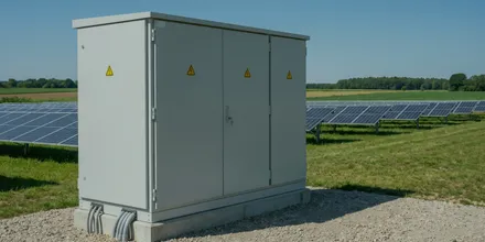 Trafostation aus mehreren Schaltschränken mit Warnzeichen auf einem Schotterbett, dahinter eine Freiflächen-Solaranlage