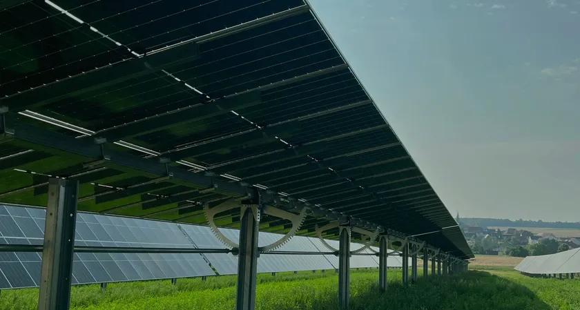 Blick von unten auf eine Reihe einachsig nachgeführter Solarmodule, darunter blühende Begrünung, am Horizont ein Dorf
