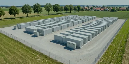 Luftbild eines eingezäunten Großbatteriespeichers mit Reihen weißer Container auf einer Betonfläche, dahinter Felder und ein Dorf