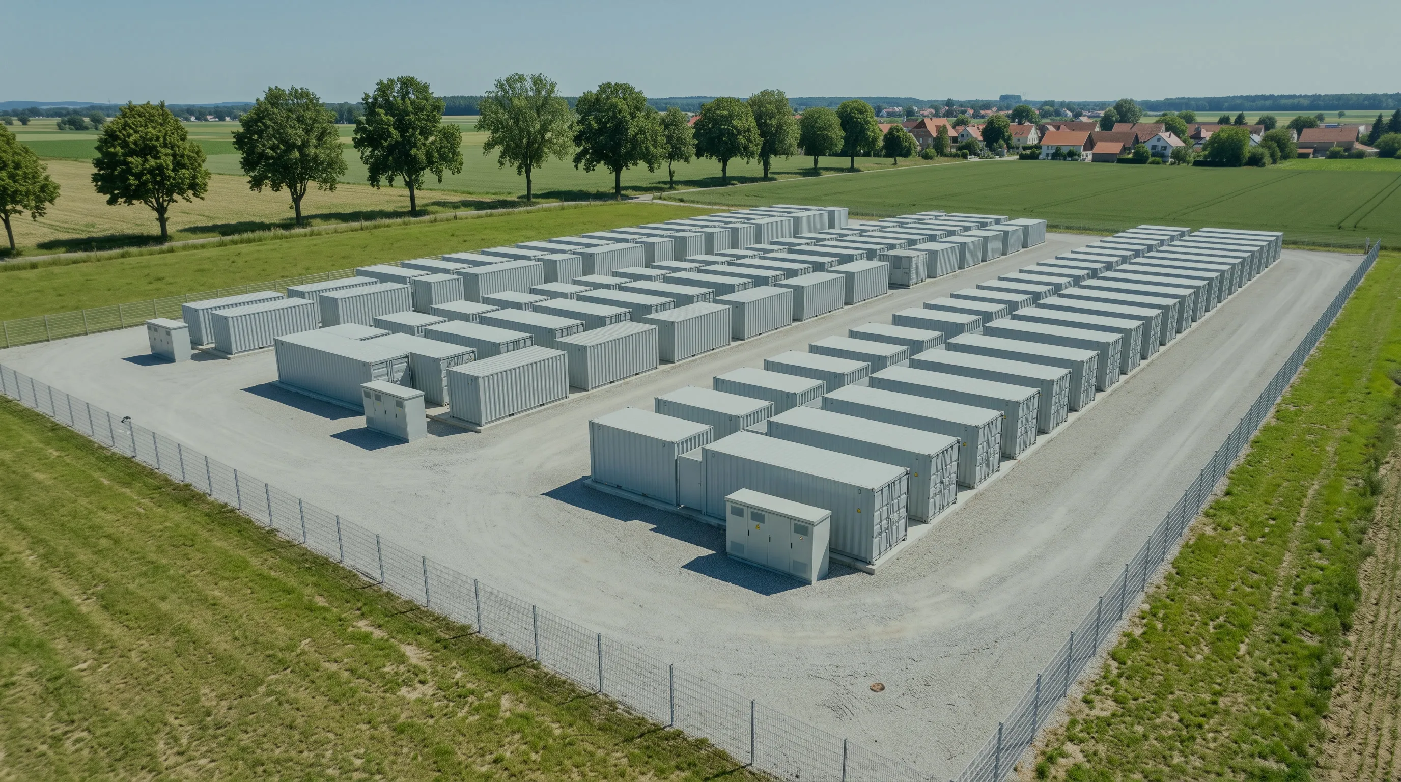 Luftbild eines eingezäunten Großbatteriespeichers mit Reihen weißer Container auf einer Betonfläche, dahinter Felder und ein Dorf