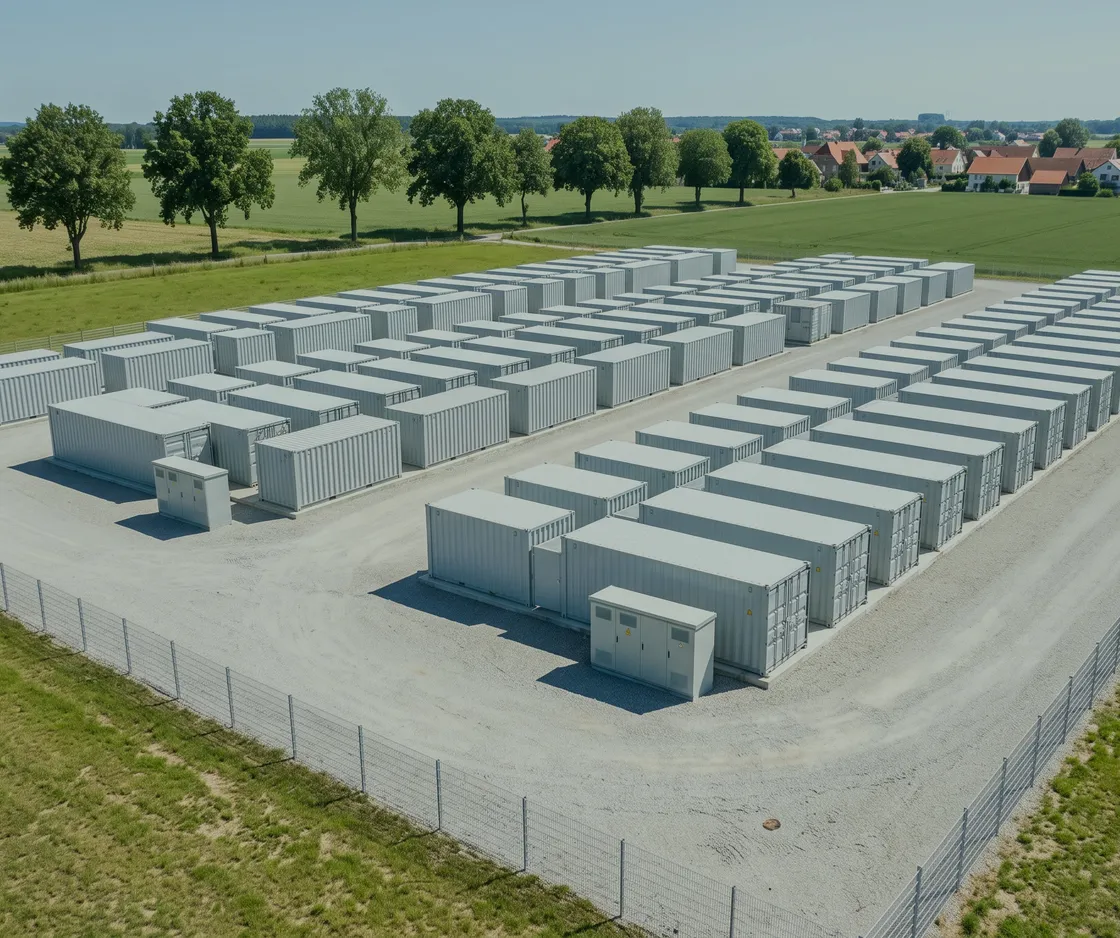 Luftbild eines eingezäunten Großbatteriespeichers mit Reihen weißer Container auf einer Betonfläche, dahinter Felder und ein Dorf