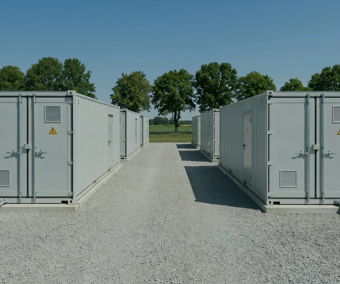 Zwei Reihen von Batteriespeicher-Containern beidseits eines Schotterwegs, dahinter Bäume