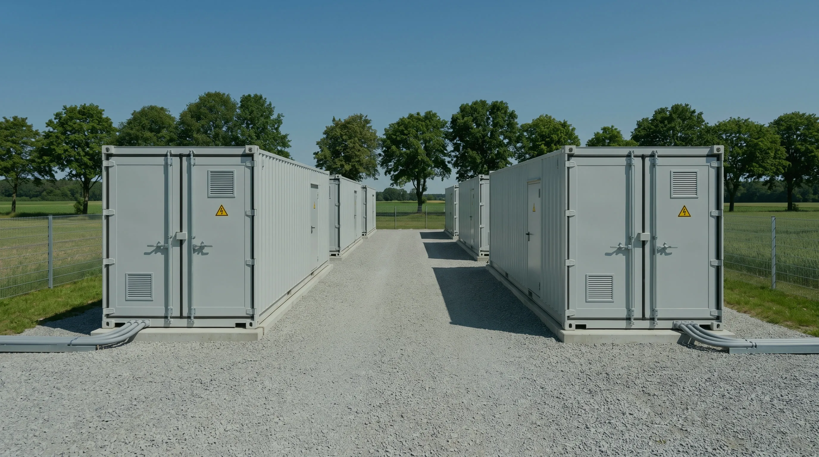 Zwei Reihen von Batteriespeicher-Containern beidseits eines Schotterwegs, dahinter Bäume