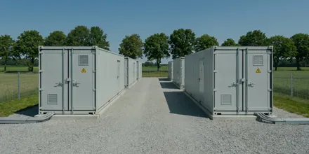 Zwei Reihen von Batteriespeicher-Containern beidseits eines Schotterwegs, dahinter Bäume