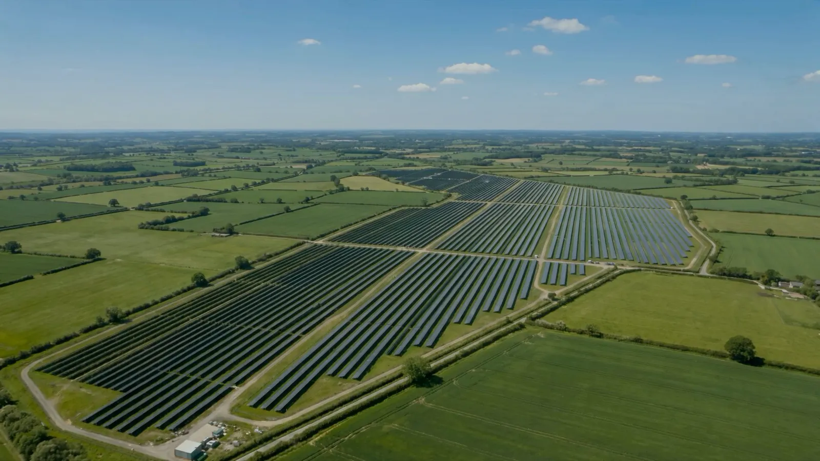 Luftbild eines Solarparks zwischen Feldern und Hecken
