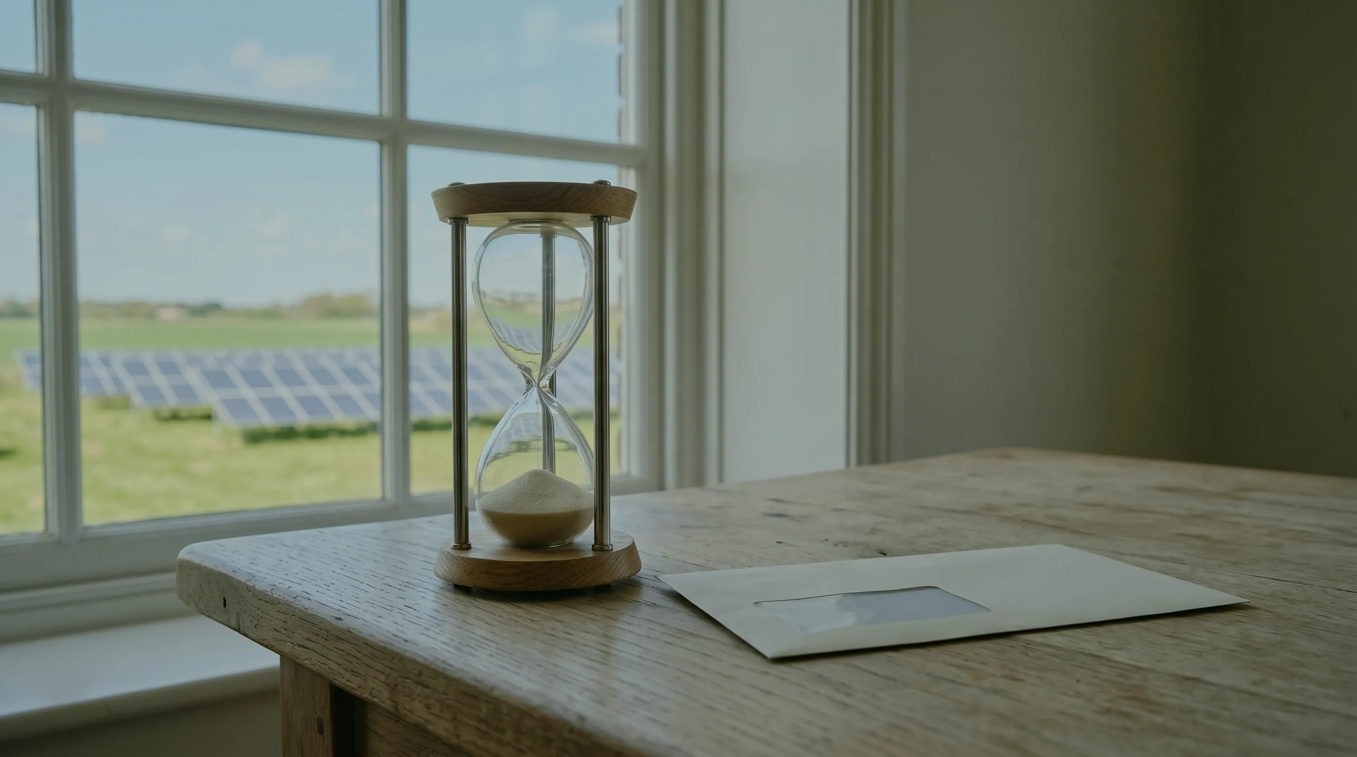 IAB auflösen, Frist abgelaufen: Sanduhr mit durchgelaufenem Sand und ein Briefumschlag mit Sichtfenster auf einem Holztisch am Fenster, draußen eine Solaranlage