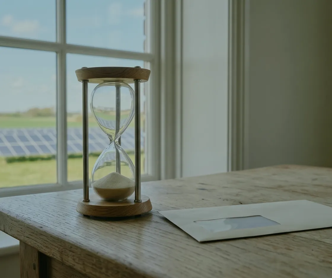 IAB auflösen, Frist abgelaufen: Sanduhr mit durchgelaufenem Sand und ein Briefumschlag mit Sichtfenster auf einem Holztisch am Fenster, draußen eine Solaranlage
