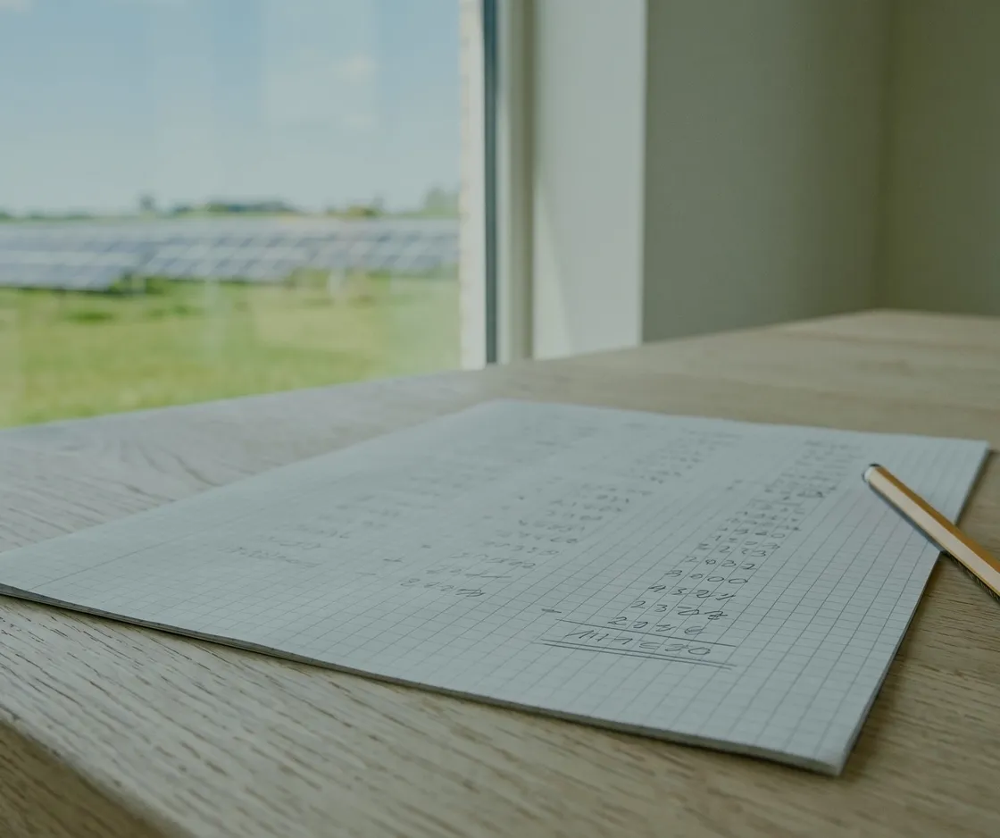 IAB-Beispielrechnung: kariertes Blatt mit handschriftlichen Zahlenspalten und unterstrichenem Ergebnis, daneben Bleistift und Radiergummi