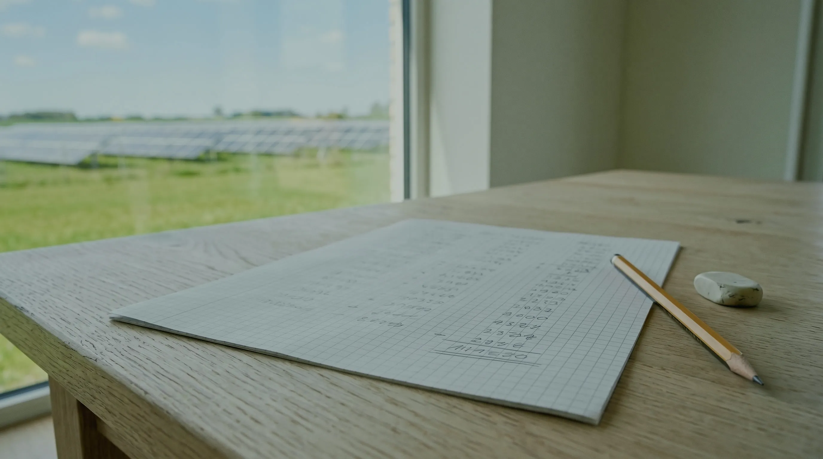 IAB-Beispielrechnung: kariertes Blatt mit handschriftlichen Zahlenspalten und unterstrichenem Ergebnis, daneben Bleistift und Radiergummi