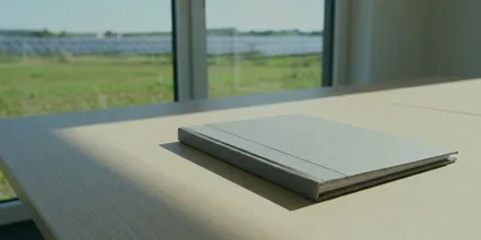 Geschlossene Mappe auf einer Fensterbank, dahinter durch das Fenster eine Freiflächen- Solaranlage
