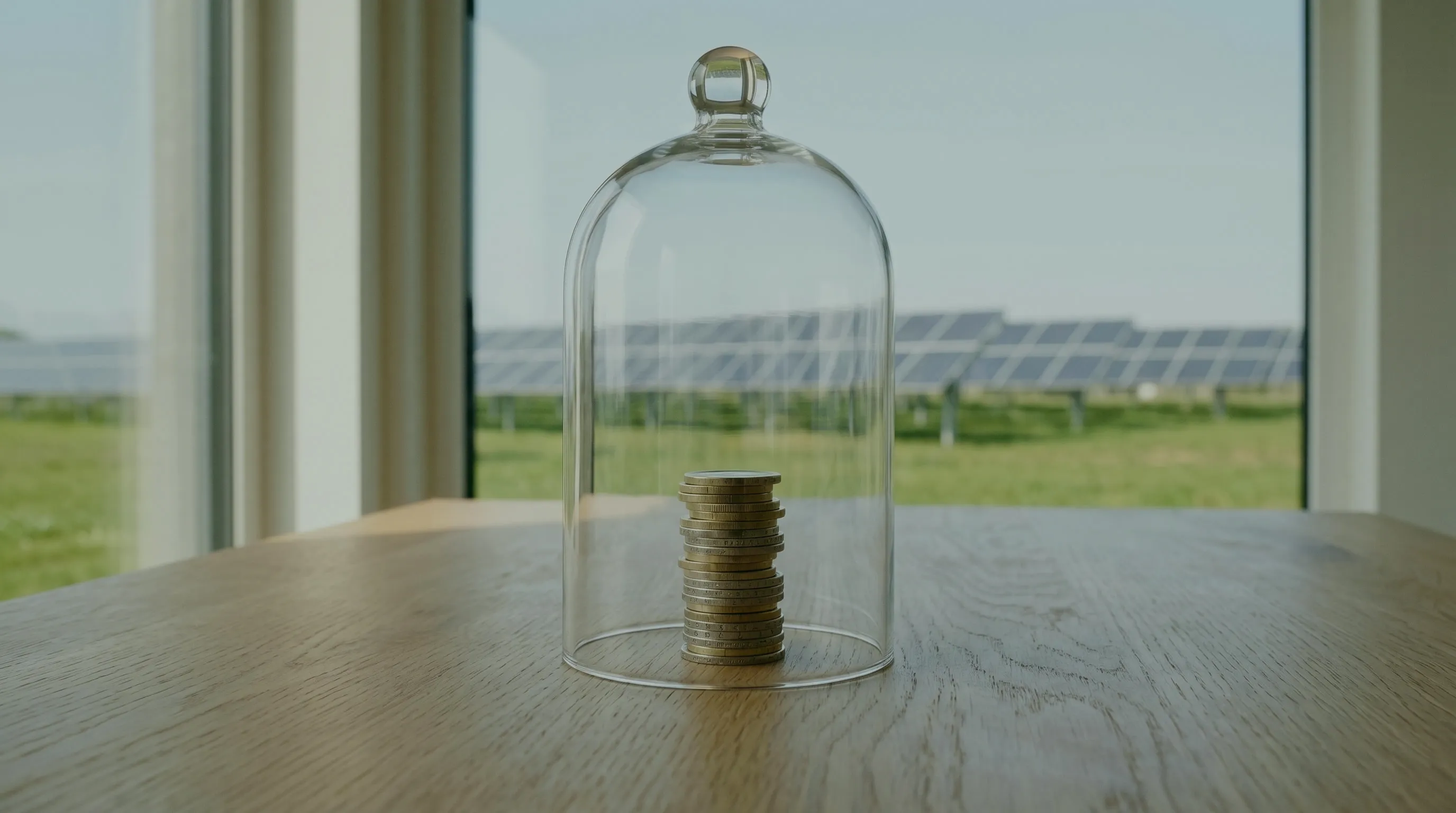 IAB als Steuerstundung: Münzstapel unter einer Glasglocke auf einem Holztisch am Fenster, draußen eine Solaranlage