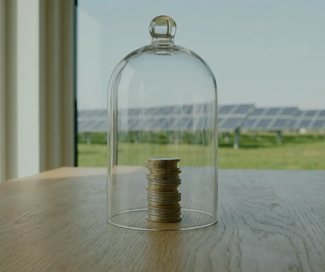 IAB als Steuerstundung: Münzstapel unter einer Glasglocke auf einem Holztisch am Fenster, draußen eine Solaranlage
