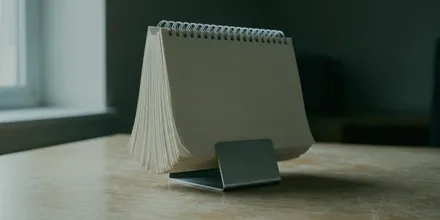 Aufgestellter Tischkalender mit leeren Blättern auf einem Holztisch am Fenster