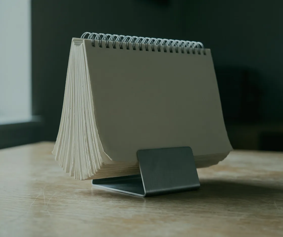 Aufgestellter Tischkalender mit leeren Blättern auf einem Holztisch am Fenster