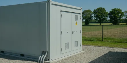 Einzelner Batteriespeicher-Container mit Warnzeichen auf einer Schotterfläche am Feldrand
