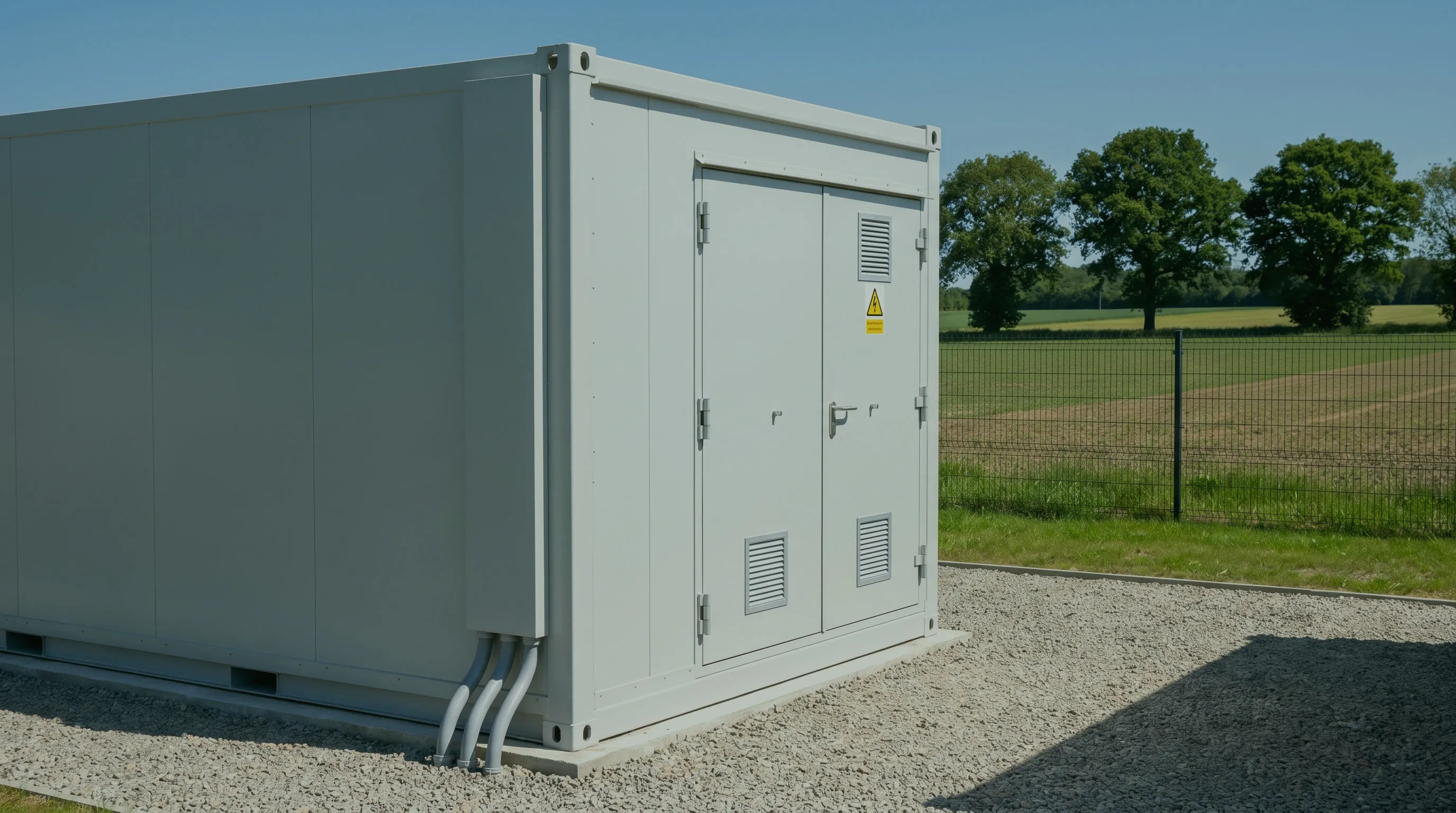 Einzelner Batteriespeicher-Container mit Warnzeichen auf einer Schotterfläche am Feldrand