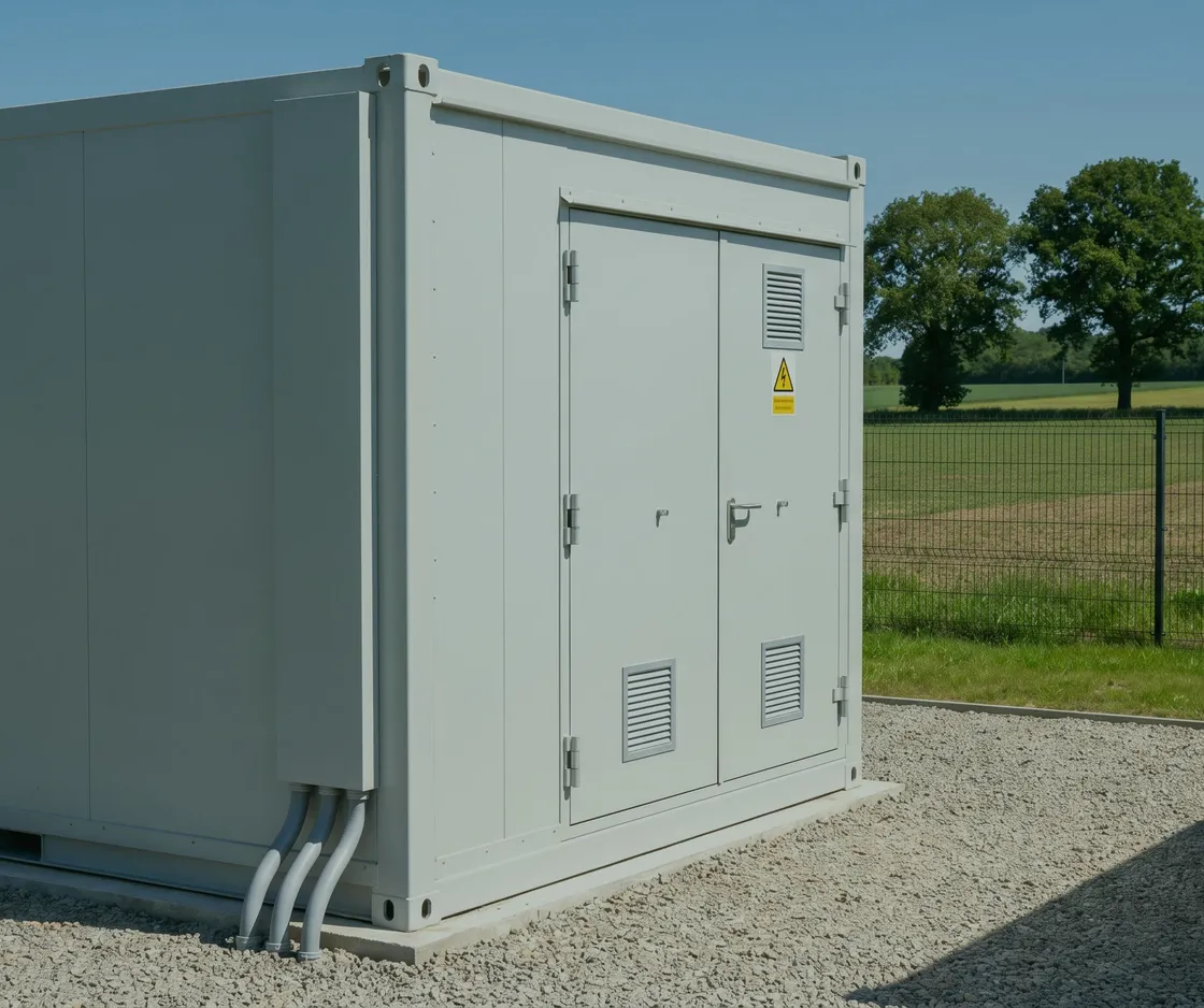 Einzelner Batteriespeicher-Container mit Warnzeichen auf einer Schotterfläche am Feldrand